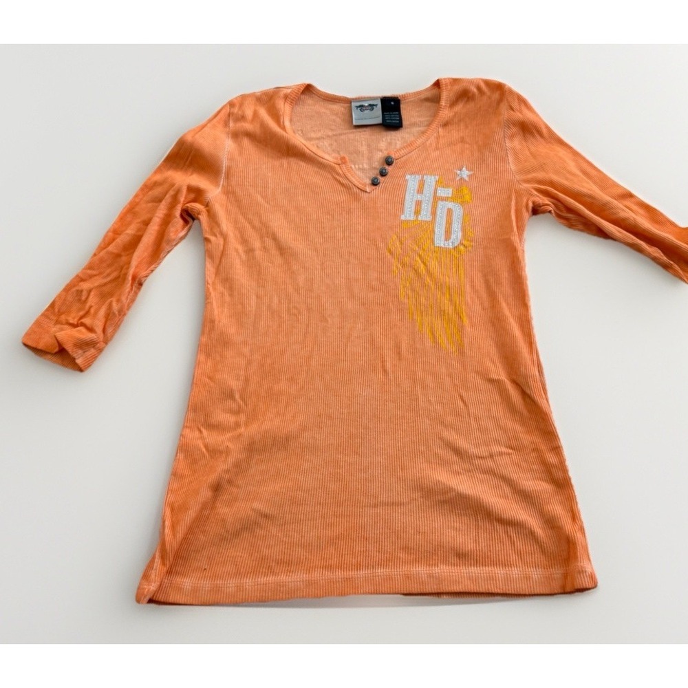 Harley Davidson Ribbed Y2K Orange Henley Top Womens Small Biker - Picture 4 of 8
